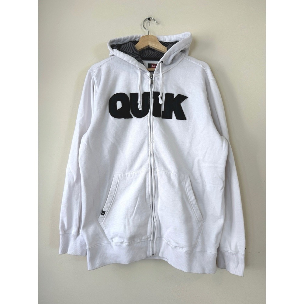 Vintage y2k Quiksilver QUIK Embroidered Logo Full Zip Pocket White Hoodie